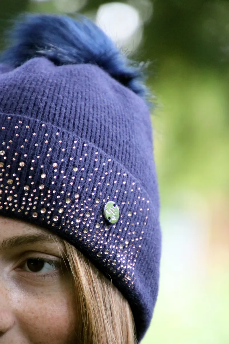 Hy Equestrian Alaska Diamante Bobble Hat - Navy/Rose Gold-4